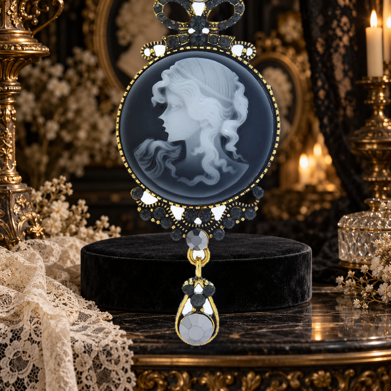 Jeweled Lady Cameo Drop Brooch styled in a thematic scene