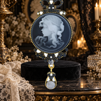 Jeweled Lady Cameo Drop Brooch styled in a thematic scene