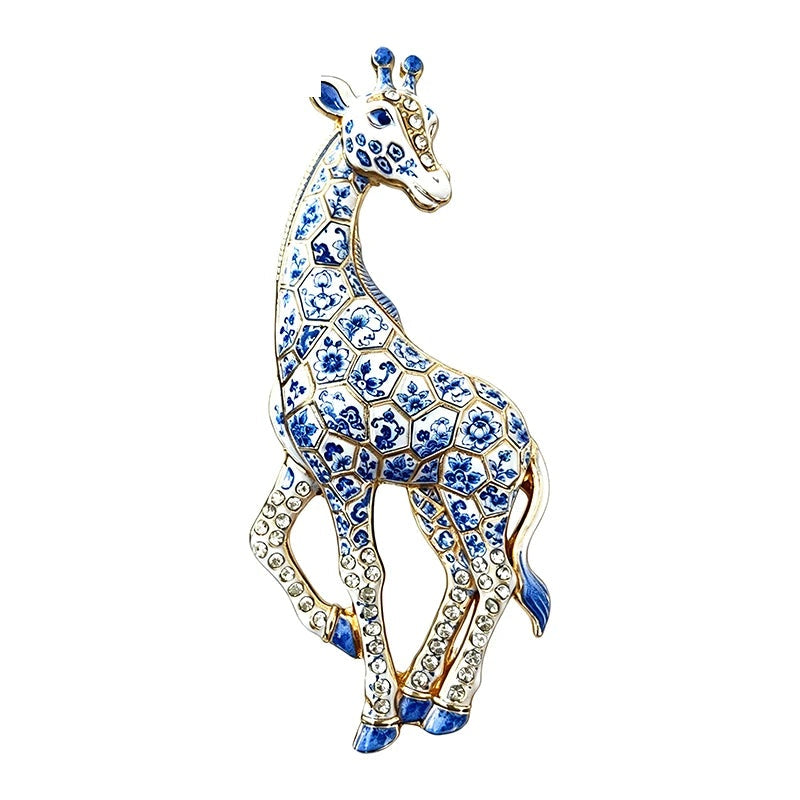 Jeweled Long-Neck Giraffe Brooch — Blue & White