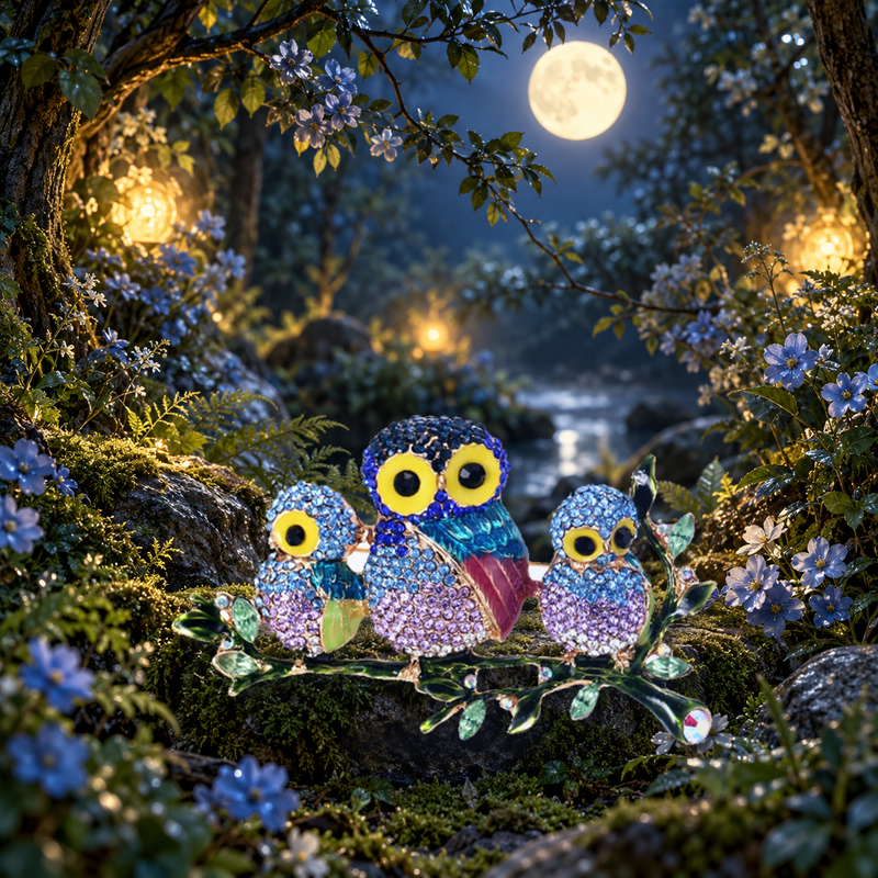 Jeweled Owl Family on a Branch Brooch styled in a thematic scene