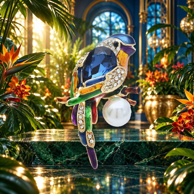 Jeweled Parrot with Pearl-Look Drop Brooch styled in a thematic scene