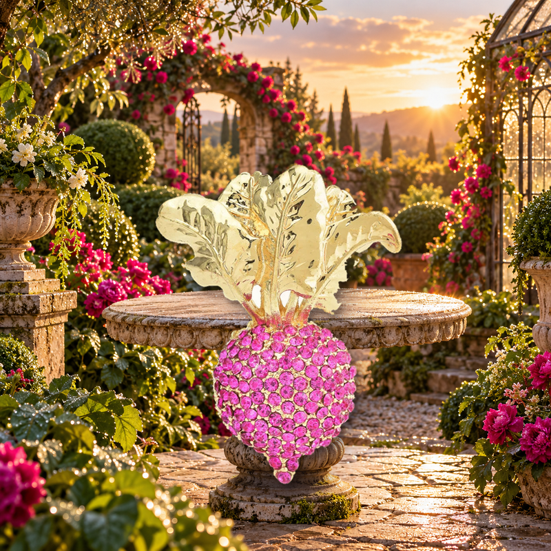 Jeweled Pink Radish Brooch styled in a thematic scene