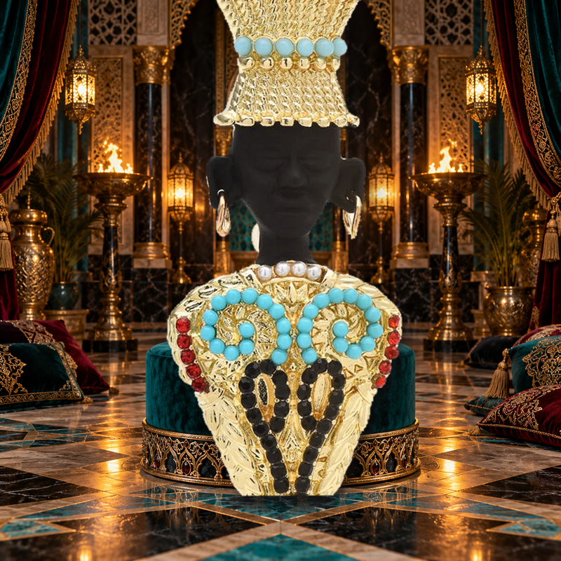 Jeweled Queen Portrait with Ornate Crown Brooch styled in a thematic scene