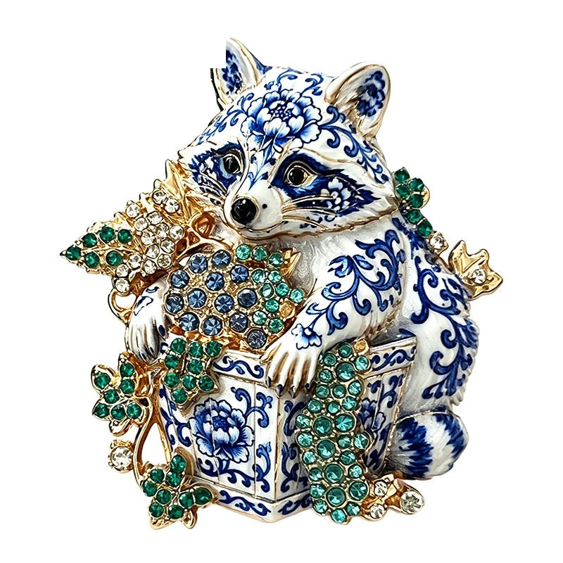 Jeweled Raccoon with Grapes Brooch — Blue & White