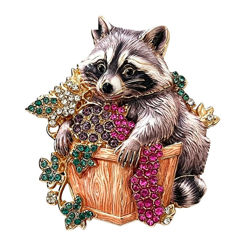 Jeweled Raccoon with Grapes Brooch — Gray