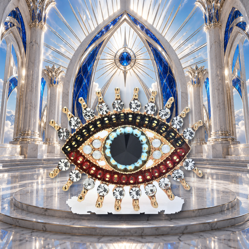 Jeweled Radiant Eye Brooch styled in a thematic scene