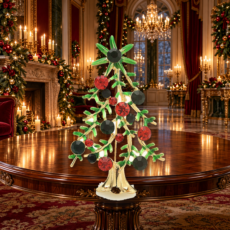 Jeweled Red and Green Christmas Tree Brooch styled in a thematic scene