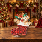 Jeweled Red Christmas Stocking Brooch styled in a thematic scene