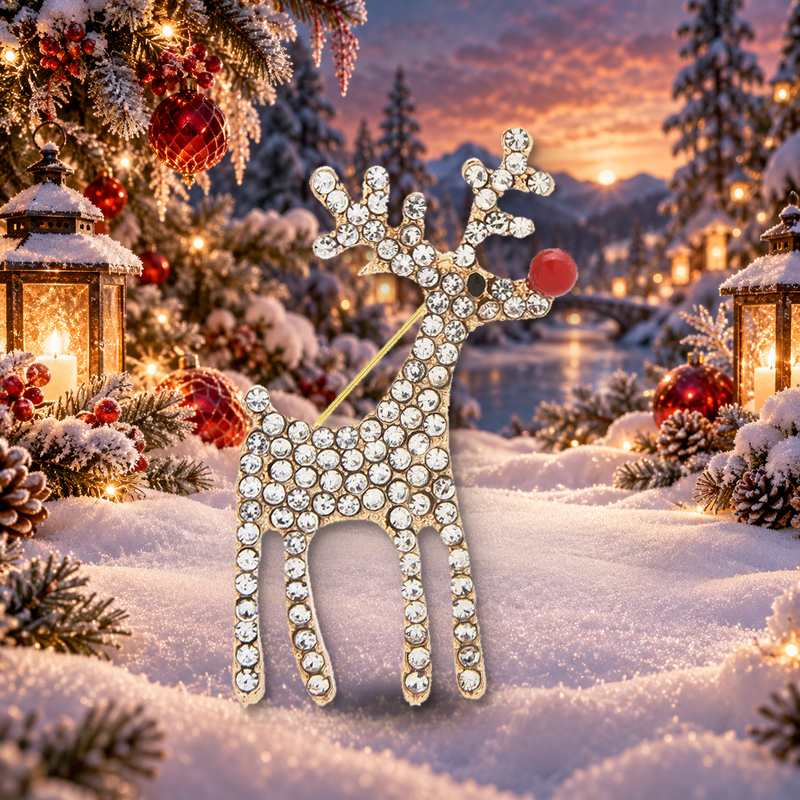 Jeweled Red-Nose Reindeer Brooch styled in a thematic scene
