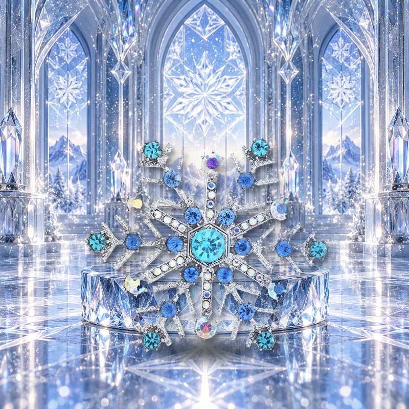 Jeweled Six-Point Snowflake Brooch styled in a thematic scene