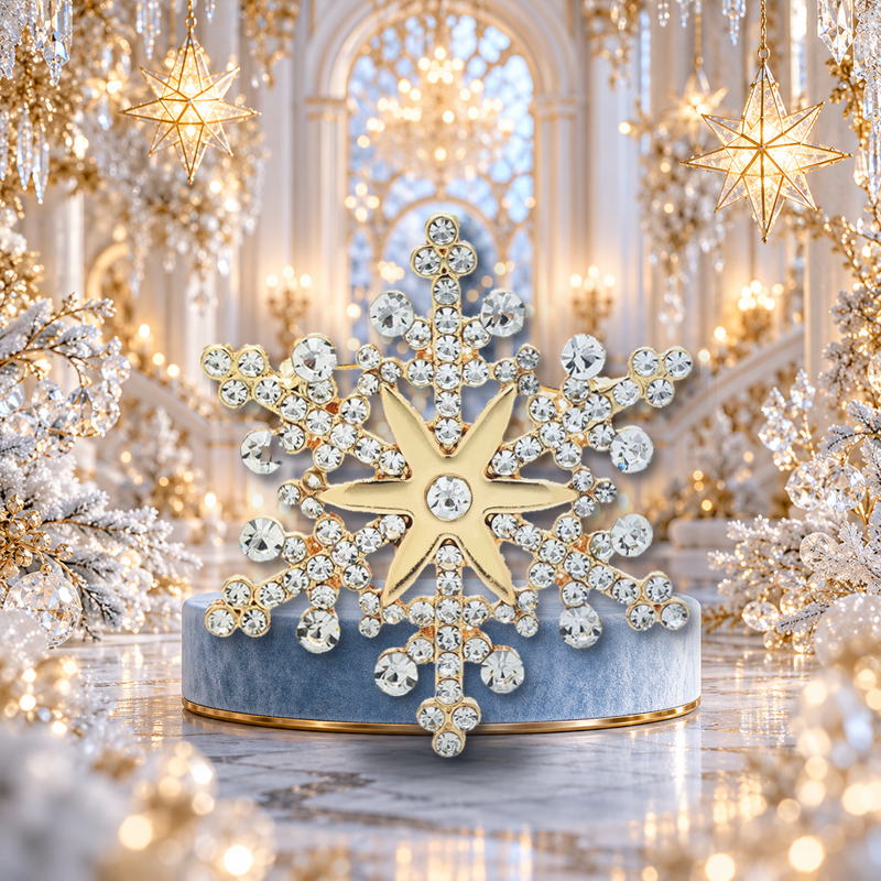 Jeweled Star Center Snowflake Brooch styled in a thematic scene