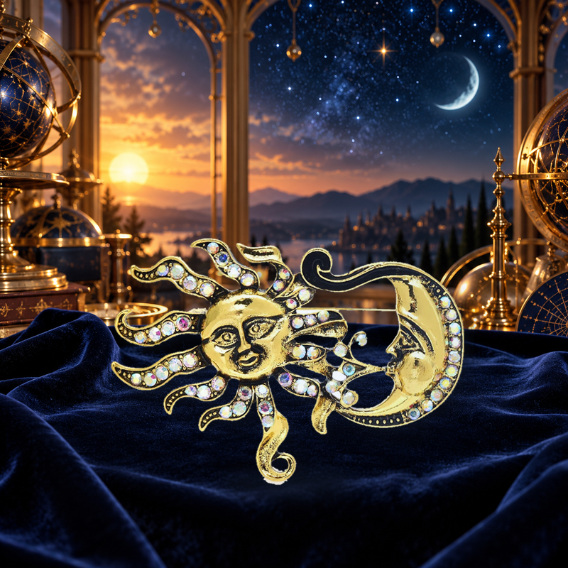 Jeweled Sun and Crescent Moon Brooch styled in a thematic scene