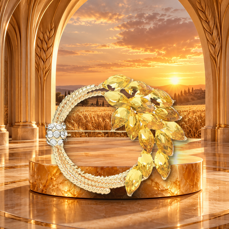Jeweled Wheat Circle Brooch styled in a thematic scene