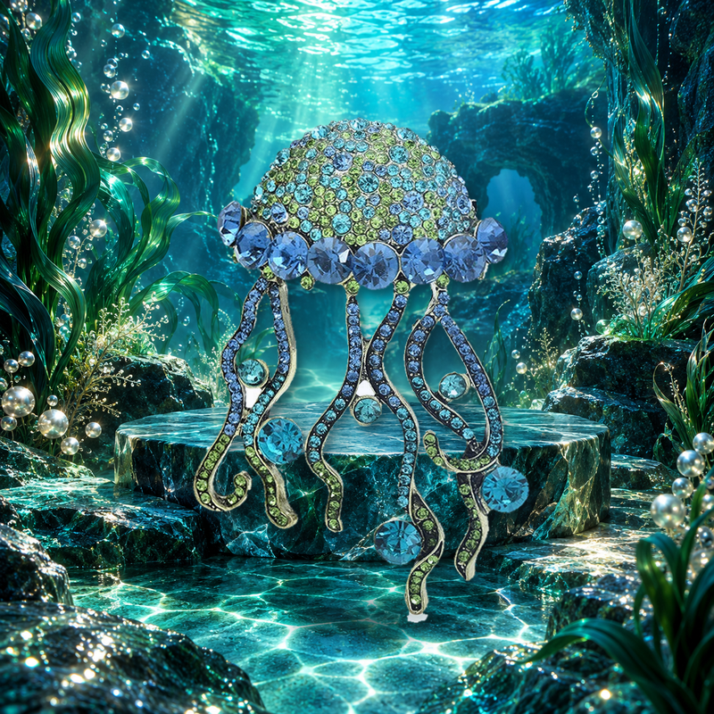 Large Jeweled Jellyfish with Curling Tentacles Brooch styled in a thematic scene