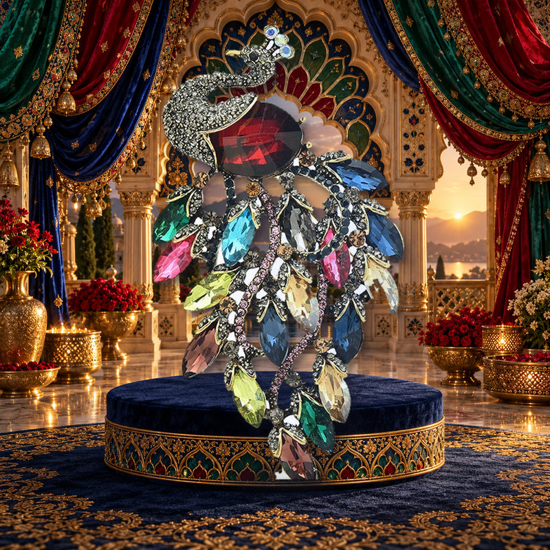 Large Jeweled Peacock with Cascading Tail Brooch styled in a thematic scene