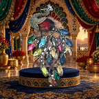 Large Jeweled Peacock with Cascading Tail Brooch styled in a thematic scene