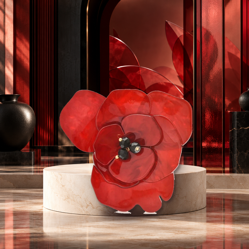 Layered Acrylic Flower with Black Bead Center Brooch styled in a thematic scene