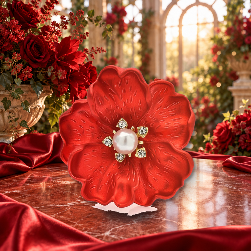 Layered Enamel Flower with Pearl-Look Center Brooch styled in a thematic scene