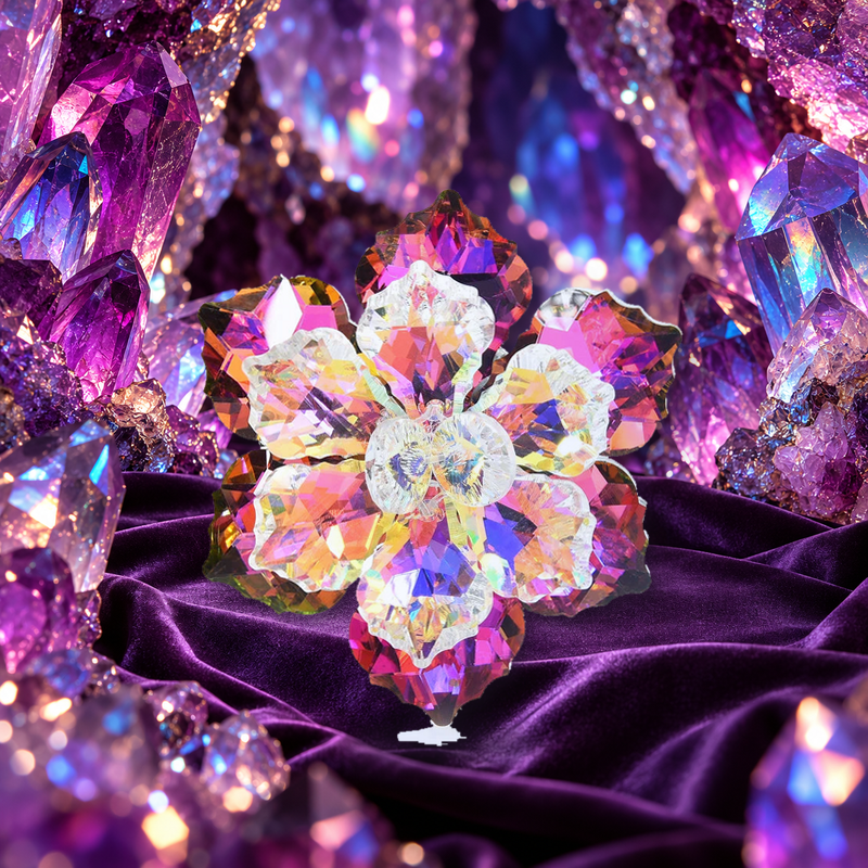 Layered Faceted Glass Flower Brooch styled in a thematic scene