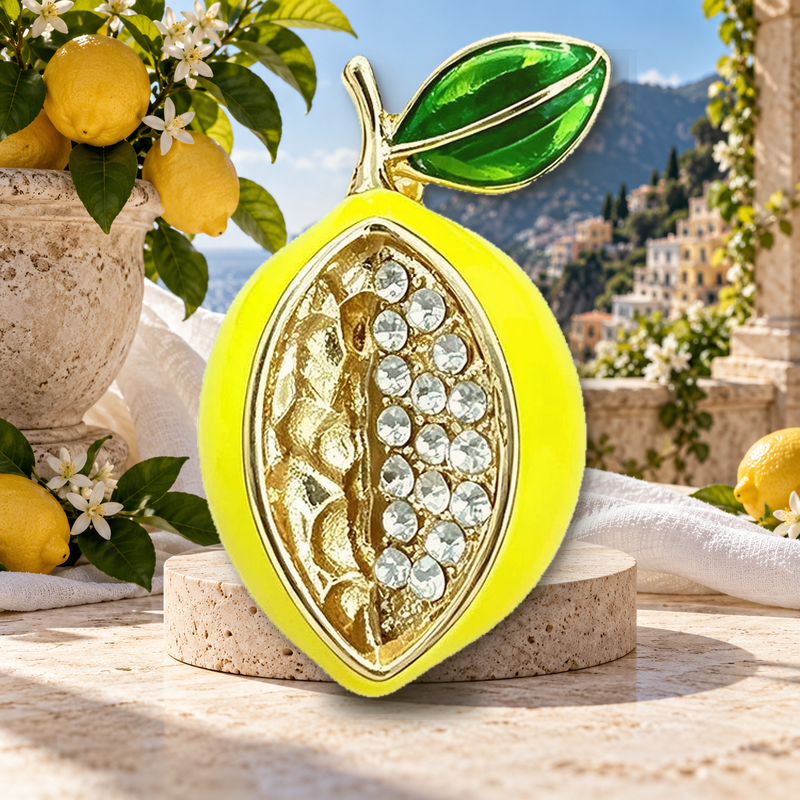 Lemon Slice with Rhinestones Brooch styled in a thematic scene