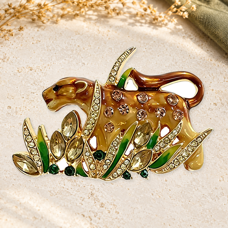 Leopard Prowling Through Grass Brooch on a complementary display background