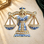 Libra Lady with Balance Scales Brooch on a complementary display background