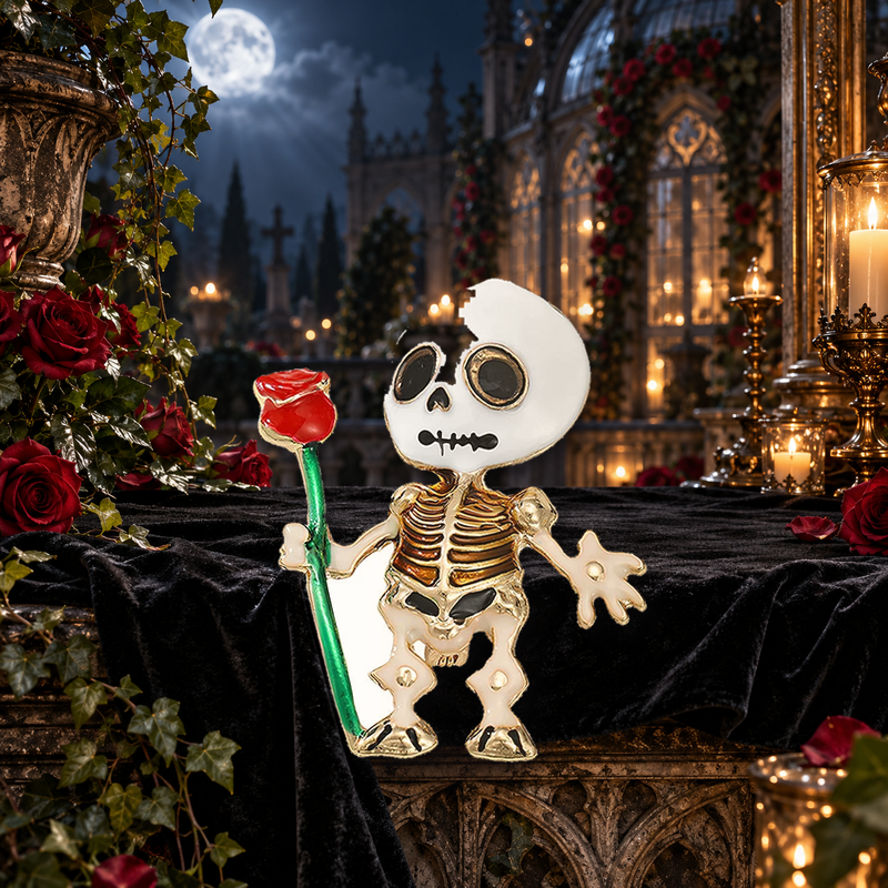 Little Skeleton Holding a Rose Brooch in a themed styled scene