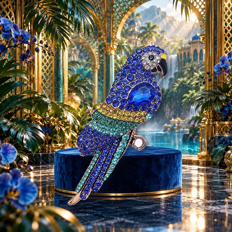 Long-Tailed Sparkling Parrot Brooch styled in a thematic scene