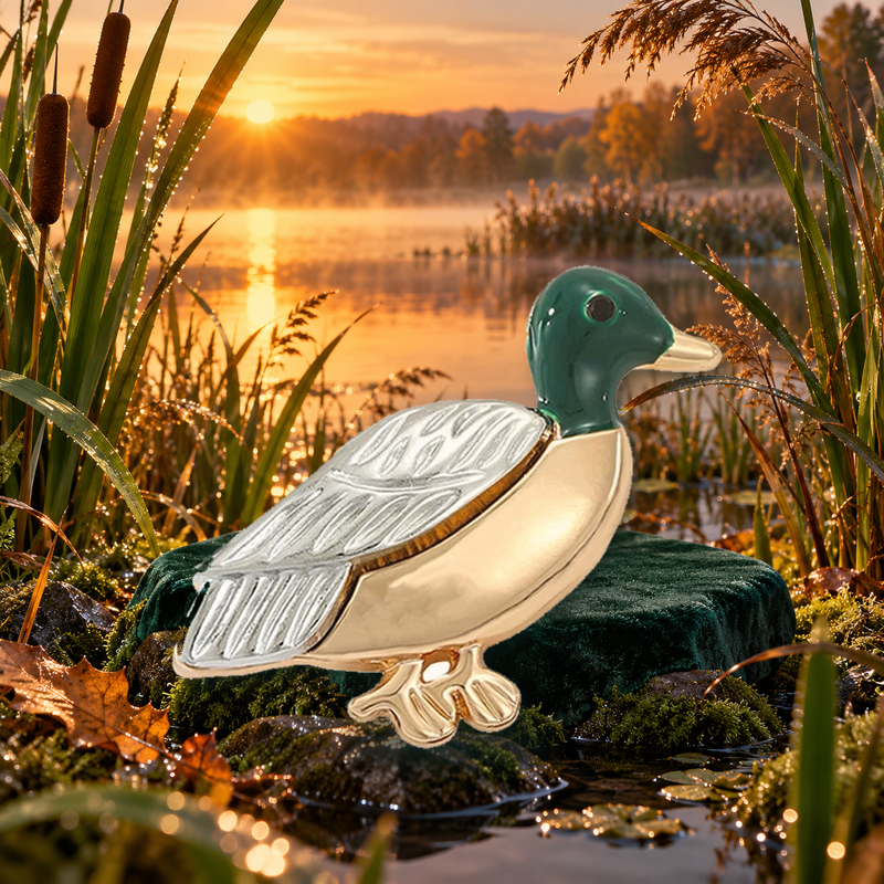Mallard Duck with Textured Wings Brooch styled in a thematic scene