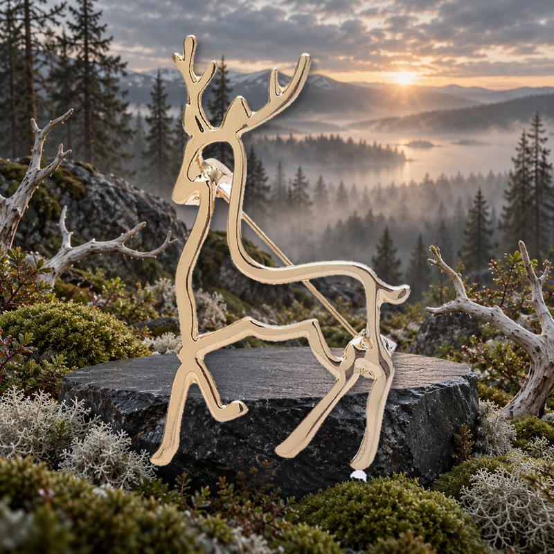 Minimalist Openwork Antler Deer Brooch styled in a thematic scene