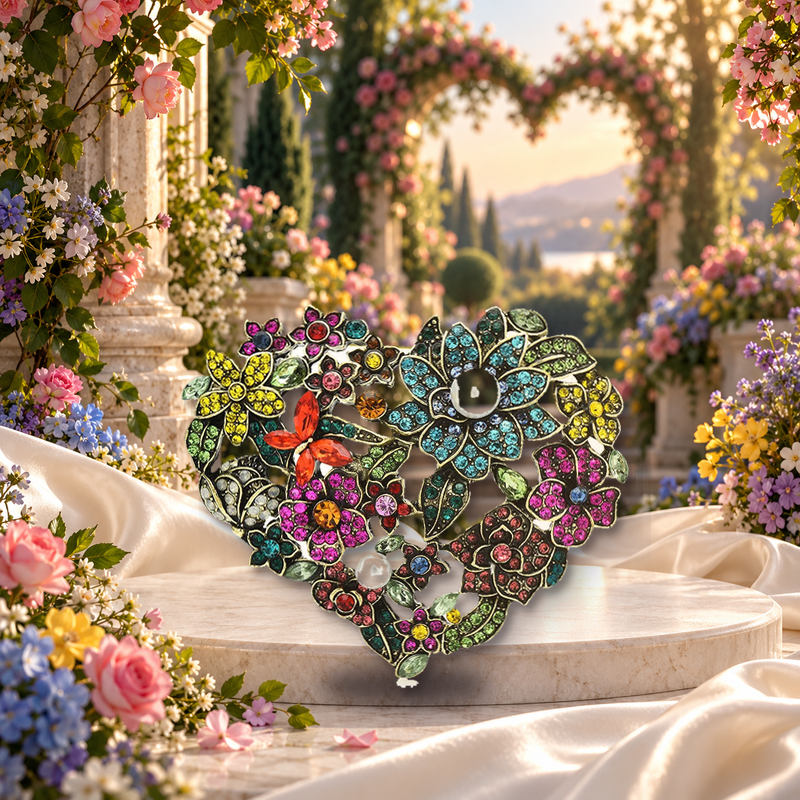 Multicolor Floral Heart Wreath Brooch styled in a thematic scene