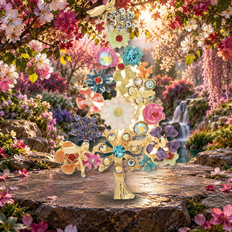 Multicolor Floral Tree Brooch styled in a thematic scene