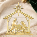 Nativity Manger Scene with Star Brooch styled ivory evergreen and gold background