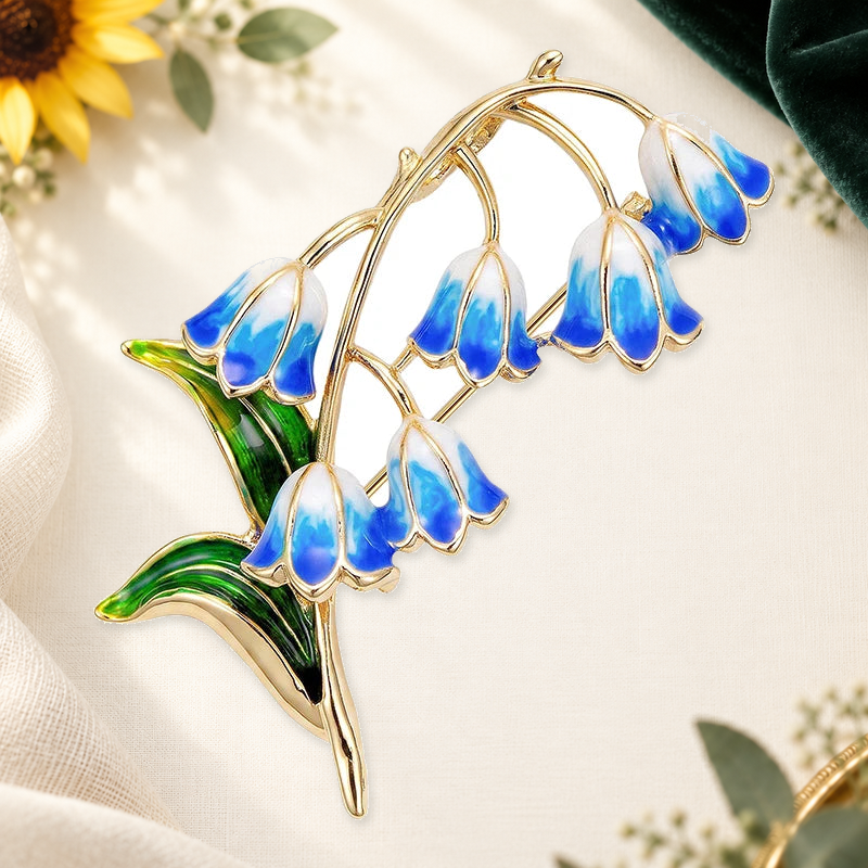 Nodding Lily Flowers and Leaves Brooch on a complementary display background