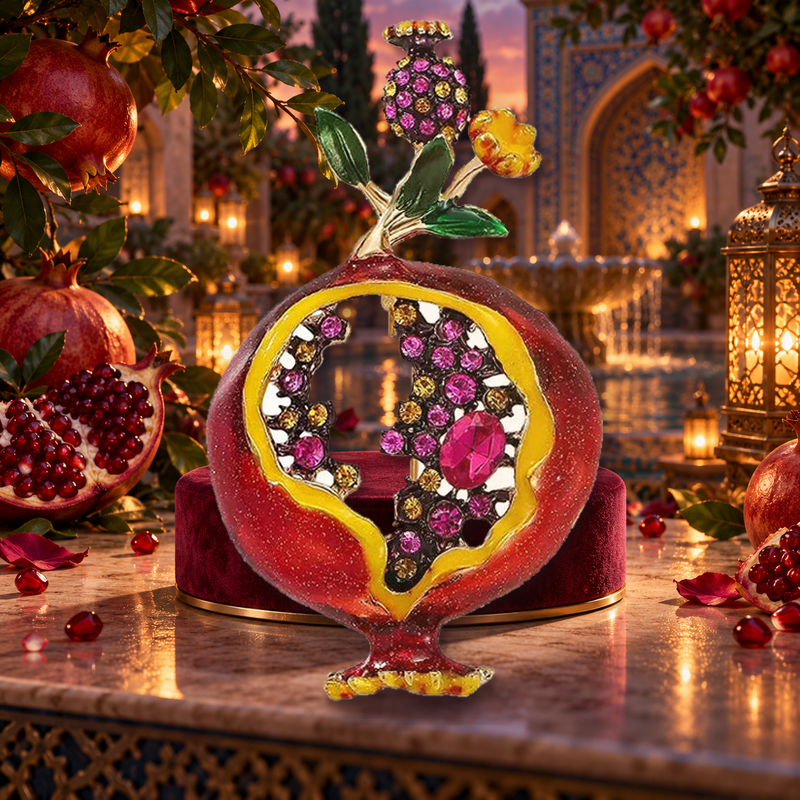 Open Pomegranate with Sparkling Seeds Brooch styled in a thematic scene