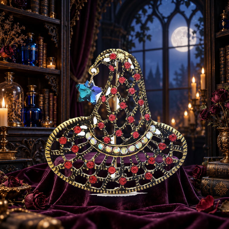 Openwork Witch Hat with Star Charm Brooch styled in a thematic scene