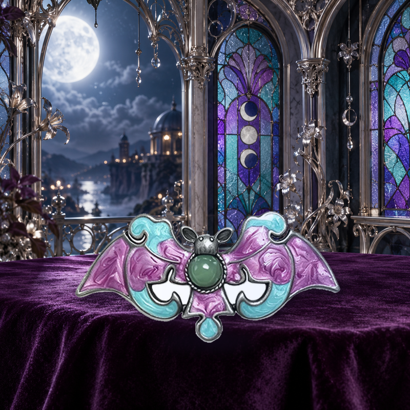 Ornate Bat with Openwork Wings Brooch styled in a thematic scene
