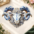 Ornate Curled Horn Ram Brooch on an ivory themed backdrop