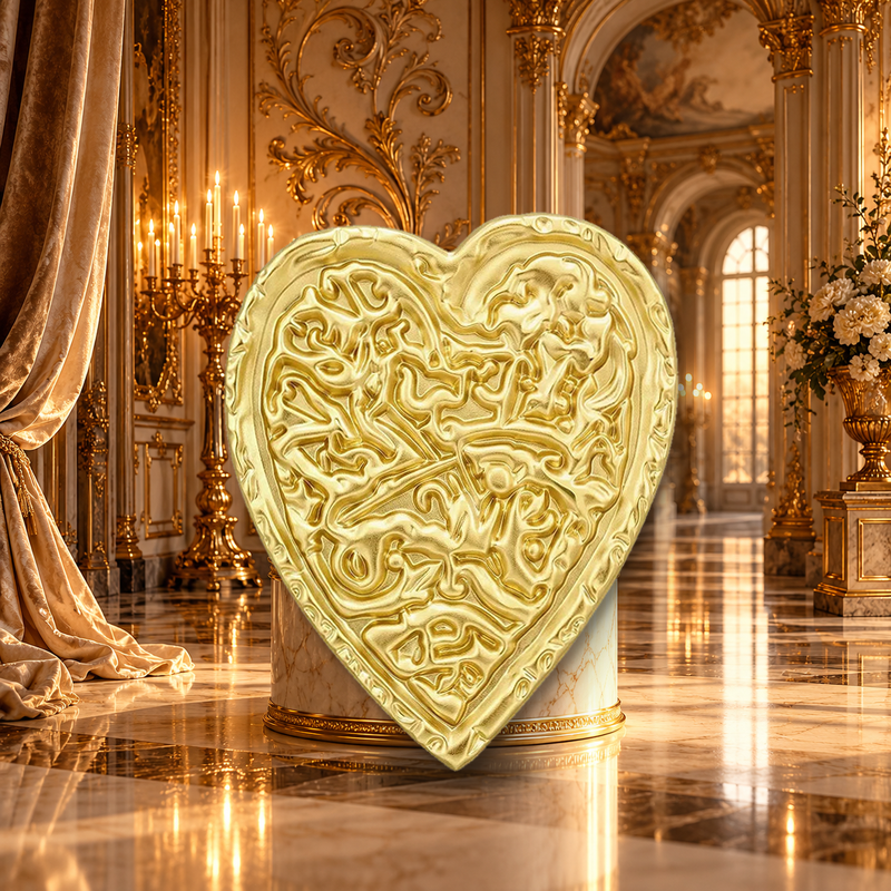 Ornate Embossed Golden Heart Brooch styled in a thematic scene