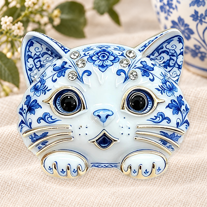 Ornate Floral Cat Motif Brooch on a motif themed ivory backdrop