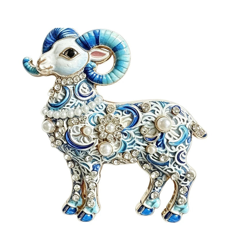 Ornate Floral Ram Brooch — Blue