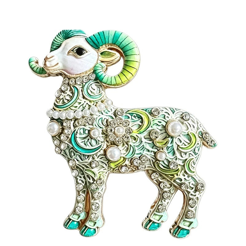 Ornate Floral Ram Brooch — Dark Green