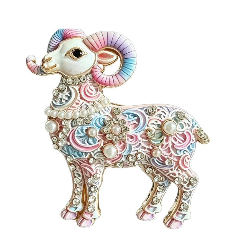 Ornate Floral Ram Brooch — Pink