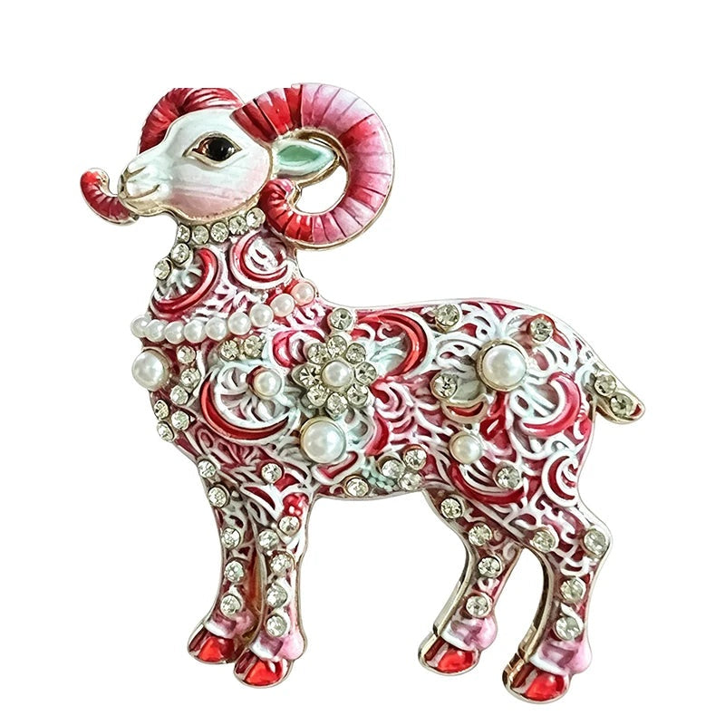 Ornate Floral Ram Brooch — Red