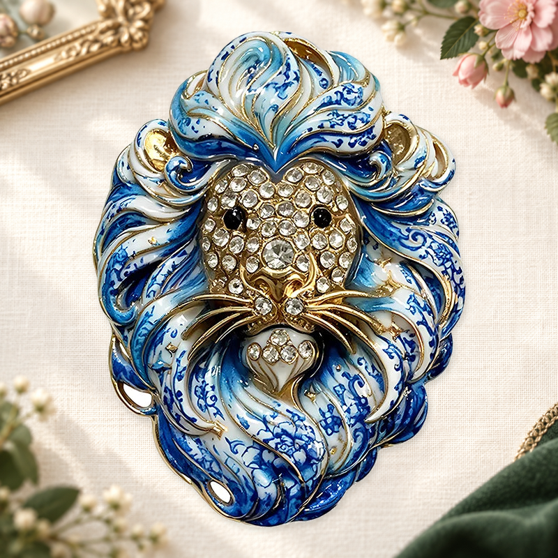 Ornate Flowing Mane Lion Brooch on a motif themed ivory backdrop