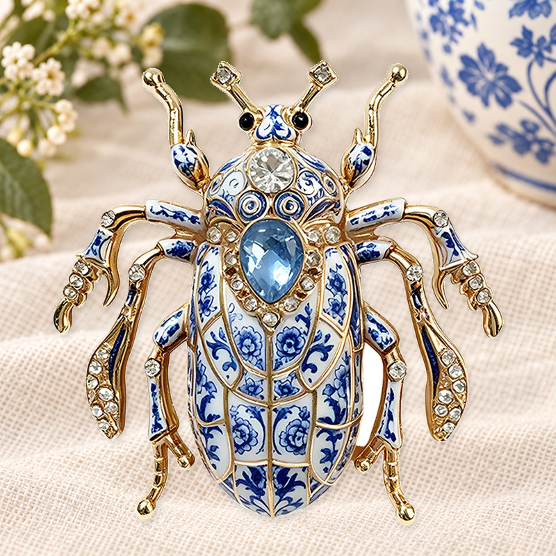 Ornate Patterned Scarab Beetle Brooch on a complementary display background