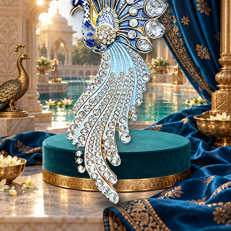 Ornate Peacock with Flowing Tail Brooch styled in a thematic scene
