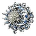 Ornate Sun and Moon Face Brooch — Blue & White