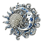 Ornate Sun and Moon Face Brooch — Blue & White