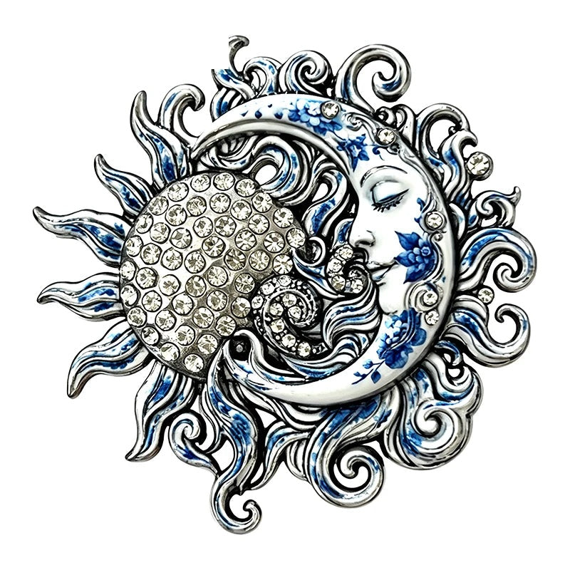 Ornate Sun and Moon Face Brooch — Blue & White